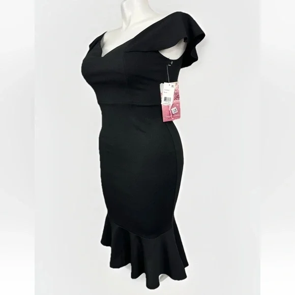 NWT EMERALD SUNDAE Sz L Womens Black Flounce Overlay H-lo Hem Midi Dress Juniors - Picture 8 of 9